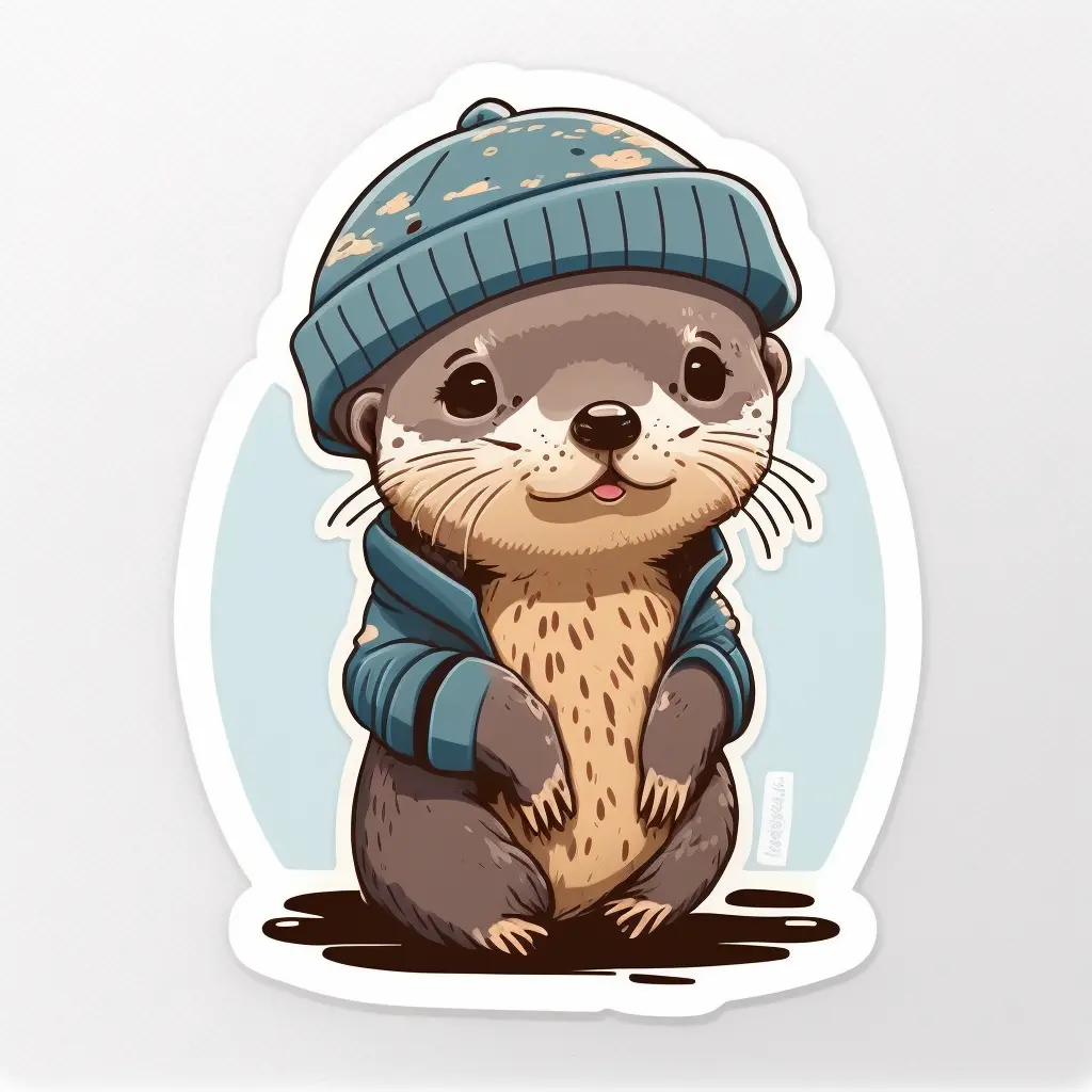 sticker design, super cute baby pixar style otter , wearing a beanie, vector